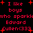 Red pixelated text on black background reads "I like boys who sparkle Edward Cullen<333" with red plus signs scattered around.