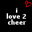 Black background with white pixelated text reading "i love 2 cheer" and a red pixelated heart symbol above the text.