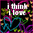Pixelated text reads "i think i love" on left and "you a little too much" on right over abstract floral background with black, purple, blue, green, yellow pixels.