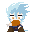 Pixel art character with light blue spiky hair and brown clothing, shown in multiple expressions including closed eyes, open eyes, and mouth movements across a