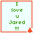 Green pixelated text reads "I love u Jared !!!" on a light background with red border and small red icon in corner.