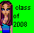 Pixel art buddy icon featuring a cartoon character with purple hair and blue eyes against a bright green background, next to text reading 'class of 2008' in black block letters.