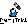 A 4x4 contact sheet of 16 animated frames showing a blue stick figure character performing various party trick actions with different props against a gray background.
