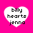 Four white heart-shaped icons with black text on a bright pink background, each displaying 'billy hearts jenna' in pixelated font.