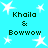 A static image with a cyan background featuring white star shapes and repeated text "Khaila & Bowwow" in dark green pixelated font.