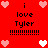Red background with pixelated text 'i love Tyler' and heart symbols in pink, white, and black; hearts change position between frames.