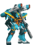 Six pixel-art mecha figures in blue and yellow armor with large shoulder-mounted weapons, arranged in two on a gray background