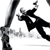 Black and white pixelated icon shows a figure in mid-air with arms raised, holding a long curved object resembling a sword or scythe against a plain background.