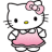 Pixelated cartoon character with white face, black eyes, yellow nose, pink bow on head, and pink dress against plain background.