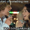 Two people singing into microphones with text overlays reading 'start of something new' and 'High-School-Musical' on a blurred background.
