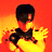 Pixelated figure with dark hair and red eyes against a gradient background transitioning from orange to yellow.