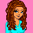 Pixelated character with long brown hair and blue eyes in a cyan top against pink background, right side shows pixel art symbols.