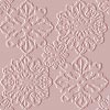 A static pattern of four symmetrical, lace-like floral motifs arranged in a grid on a muted pink background.