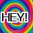 Rainbow spiral background with four text segments: HEY!, AT MY, OR..., and BTO M :) :D
