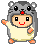 Pixel art character in gray hamster costume with red nose, beige shirt, and orange limbs against light gray background.