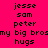 Pixelated text with names and phrases on pink background, alternating highlighted in light purple