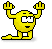 Yellow pixelated character with white eyes and black pupils in various poses on a gray background.