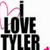 Pixelated graphic with text and characters: 'I LOVE TYLER' in black, pink heart outline, yellow banana character, brown cat-like figure with 'BFF', blue names on pink background.