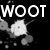 Black-and-white animated icon with "WOOT" text and splatter effects, showing sequential changes in splatter positions and intensity across frames.