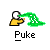A static contact sheet of two identical pixel art buddy icons showing a yellow stick figure vomiting green liquid, with text promoting 'badassbuddy.com' on the right side.