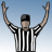 Pixelated figure in black-and-white striped referee shirt with arms raised against light blue gradient background.