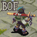 Pixel art character with blue-tipped hair holding a red-and-gold sword, standing on stone ground beneath large 'BOF' text.