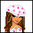 Pixel art of a female character with long brown hair wearing a white hat and dress with pink crosses, white thigh-high socks with pink tops, and green eyes.