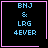 Four identical black square with pink borders display light blue text reading "BNJ & LRG 4EVER"; two include small pink symbols in the bottom-right corner
