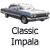 Pixelated image of a classic car with blue and white coloring, positioned above two lines of pixelated text reading "Classic Impala" on a gray background.