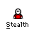 A contact sheet of 20 animated frames showing a pixel art buddy icon with a red-shirted character and various stealth-related props against a gray background.