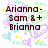 Pixelated text reads 'Arianna - Sam & + Brianna' on left and 'happen to be my BFFL =]' on right, surrounded by pastel floral and heart shapes.