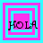 Four identical pixelated squares with cyan and pink borders display the word 'HOLA' in black text, each square showing a different border configuration.