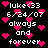 Pixelated black background with white text and pink heart symbols scattered throughout, displaying repeated phrases and dates.