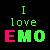A 2x2 contact sheet of three animated frames showing pixelated text "I love EMO" with color variations on a black background, the rightmost frame partially obscured by gray transparency.