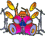 Animated sequence of a cartoon drummer with orange hair playing pink drums and yellow cymbals against gray background.