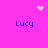 A bright pink background displays four blue 'Lucy' text labels arranged in a , with white pixelated heart and starburst symbols at top-center and top-right