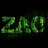 Green pixelated text 'ZAC' on black background with subtle reflection, adjacent to a small cat image on green grass.