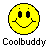 Six pixelated yellow smiley face icons arranged in a 3x2 contact sheet with varying mouth expressions and red tongue details, each labeled "Coolbuddy" below.