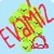 Green cartoon character cluster with red text 'FAMILY' on light blue background, showing animation frame differences.