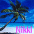 A static image of a tropical beach scene with palm trees and the name 'Nikki' in pink text across multiple horizontal bands.