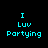 A 4-frame contact sheet of a pixelated text-based buddy icon showing "I Luv Partying" in cyan on four different background colors: black, gray, white, and dark gray.