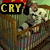 Pixelated image of a baby in a wooden crib with striped bedding, overlaid text changes from 'CRY' to 'BABY' and then 'CROSBY!!'