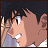 Pixelated anime-style character with brown hair and wide eyes, side profile view, mouth open in a smile, black background with white text.