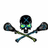 Pixelated skull with glowing green eyes and blue X on forehead, crossed lacrosse sticks as props against white background.