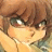 Anime-style character with brown hair and green eyes rests chin on hand against black background with white text.