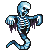 Pixelated blue skeletal figure with white ribcage, black eye sockets, and purple dripping accents on arms against gray background.
