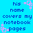 Blue background with blue pixelated text reading 'his name covers my notebook pages' and pink square-shaped decorative elements.