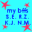 A static image with a bright cyan background featuring repeated red star shapes and blue text reading 'my bffs S.E. R.Z. K.J. N.M.' in a pattern