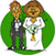 Two pixelated figures stand side-by-side against a green circular background; one wears dark clothing, the other white with a gold pendant.
