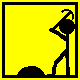A 6-frame animated contact sheet showing a stick figure digging with a pickaxe on a yellow background, progressing from raising the tool to striking and collecting items.
